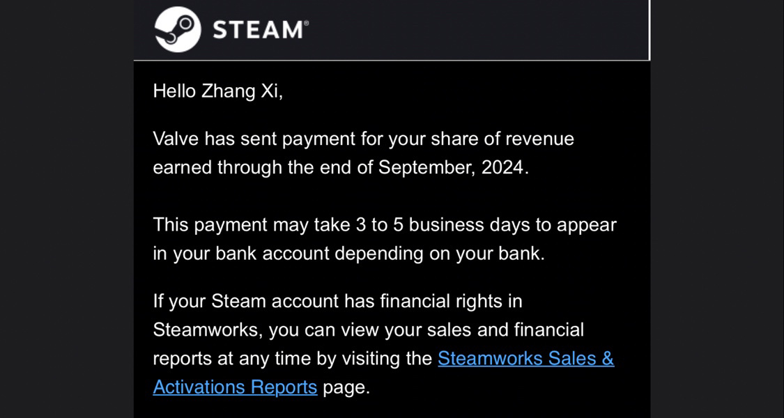 第一次收到Steam打款嘻嘻