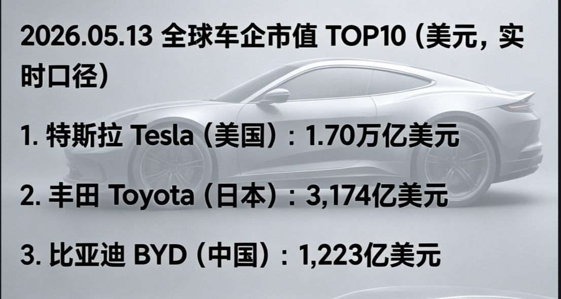2025 vs 2026世界車企市值排行! 歷經一年，前十市值暴漲超8000億!