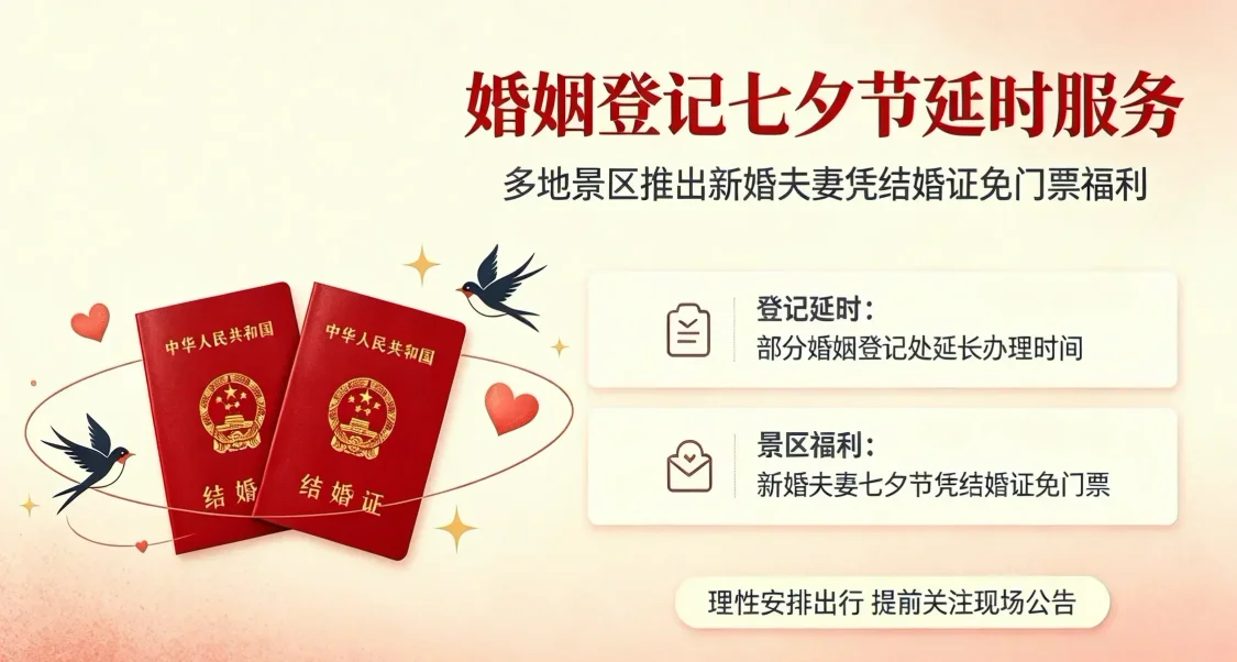 婚姻登记宣布七夕节延时；景区公告新婚夫妻七夕节凭结婚证免门票
