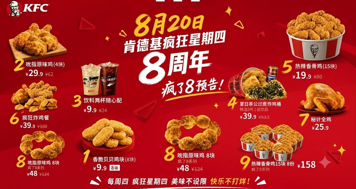 肯周报：肯德基疯狂星期四8周年！顶“疯” 相见！错过等一年!