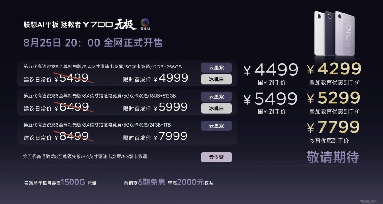 【联想AI平板 拯救者Y700无极 发布：OLED屏+5G双卡，售4999元起】