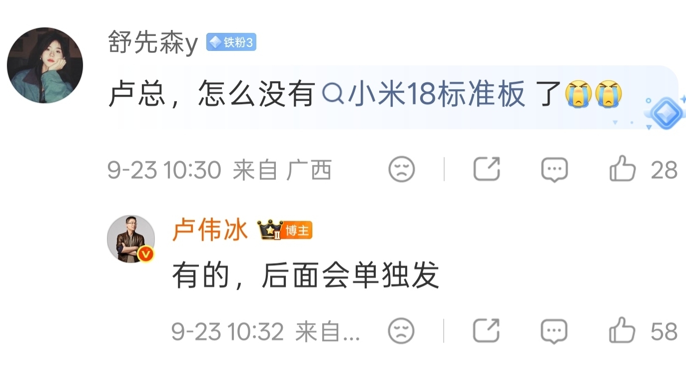 【盧偉冰：小米18標準版 後續會單獨發】