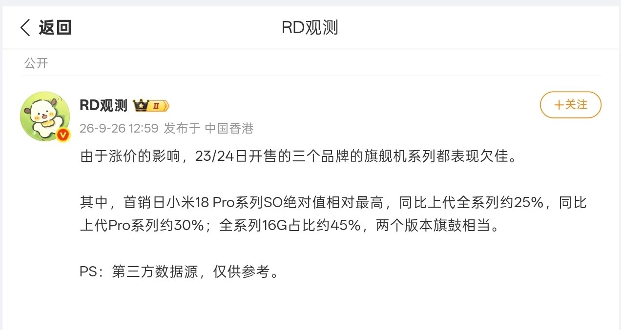 【小米18 Pro系列 首销日情况曝光：约为上代Pro系列的30%】