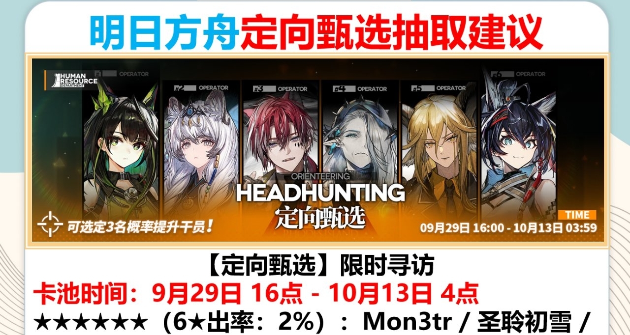 定向甄選卡池抽取建議Mon3tr/聖聆初雪/貝洛內/真言/鐧/燭煌