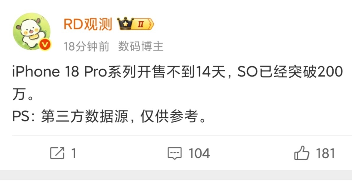【真賣爆了！消息稱iPhone 18 Pro系列 國內銷量已破200萬臺】