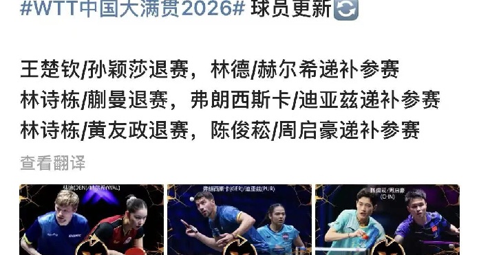 WTT世界乒聯發佈2026WTT中國大滿貫球員更新名單
