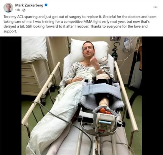 扎克伯格格鬥訓練左膝前十字韌帶撕裂：妻子病牀前照顧