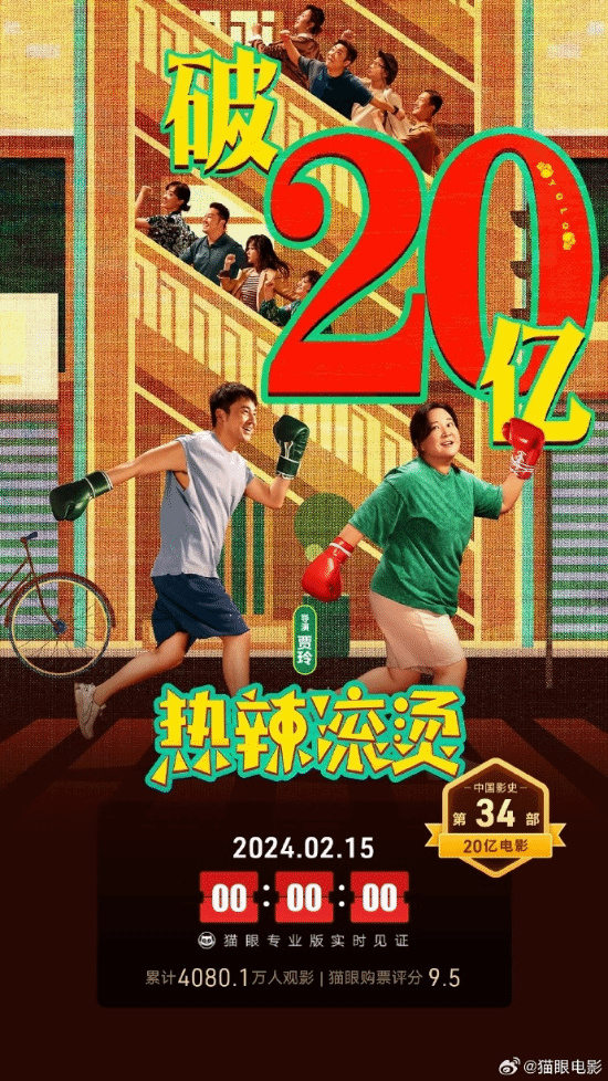 贾玲《热辣滚烫》总票房破20亿！目前豆瓣评分8.0