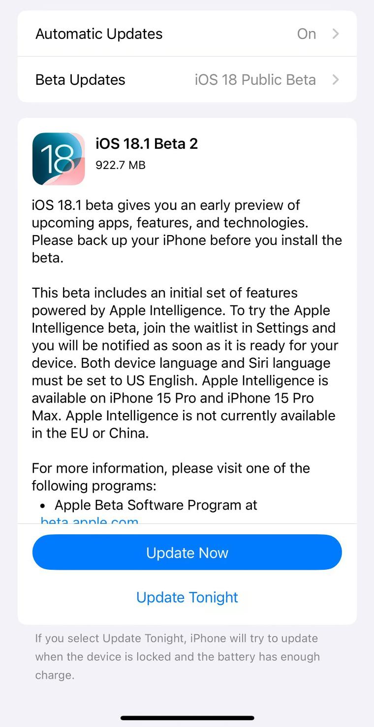 蘋果統一推送更新，iOS/iPadOS 18.1/macOS 15.1迎來第二個公測版