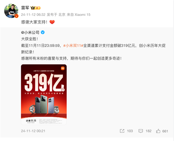 小米雙11銷售額破319億！雷軍：感謝大家支持
