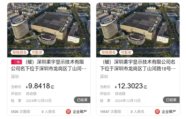 柔宇資產二拍降價2.5億又流拍！每月維護費用都要500萬