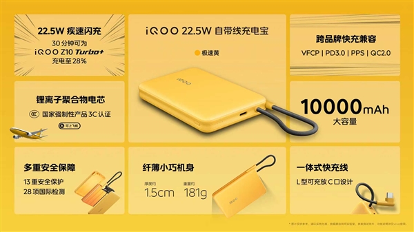 89元！iQOO發佈10000mAh充電寶：3C認證、22.5W自帶線