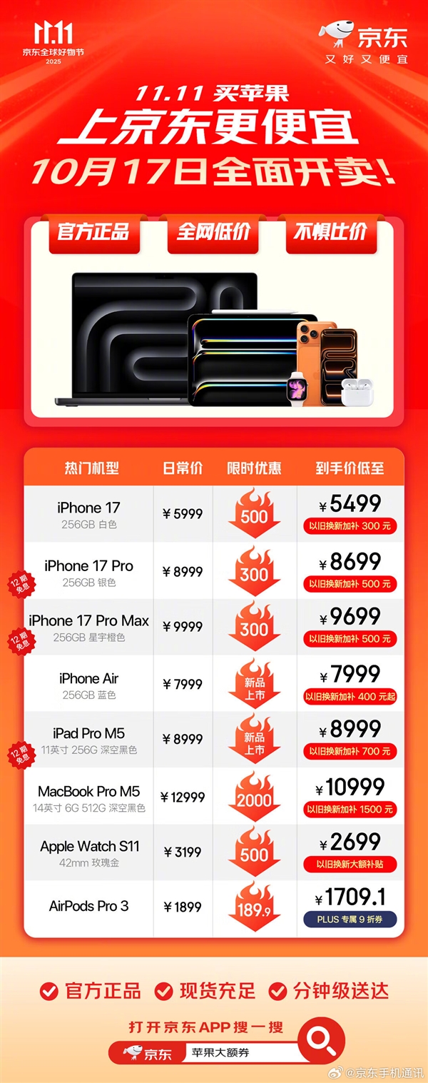 蘋果雙11今日全面開啓：iPhone 17/Air新品全系降價