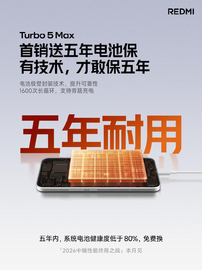 雷軍：REDMI Turbo 5 Max首銷電池保5年