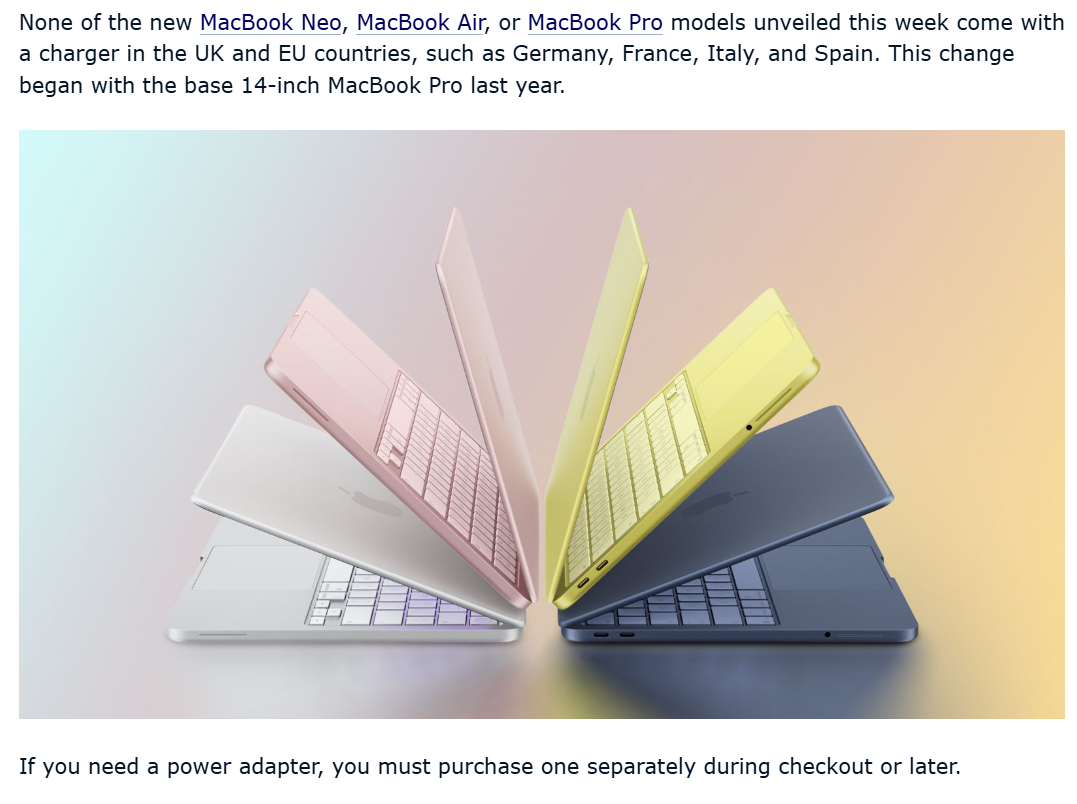 “为了环保”！欧版MacBook Neo/ Air/Pro不再附带充电器