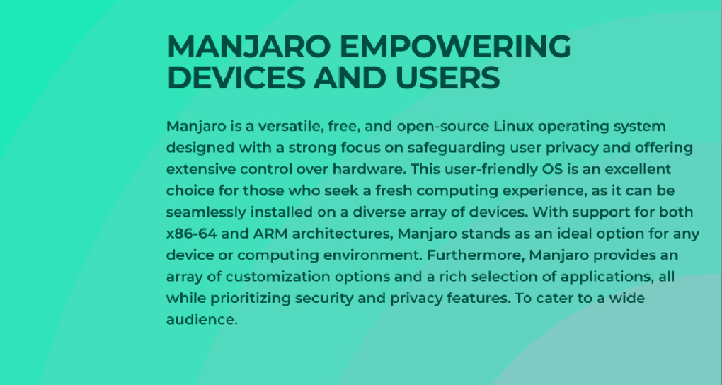 Manjaro, 基於 Arch Linux 的用戶友好型 Linux 發行版。
