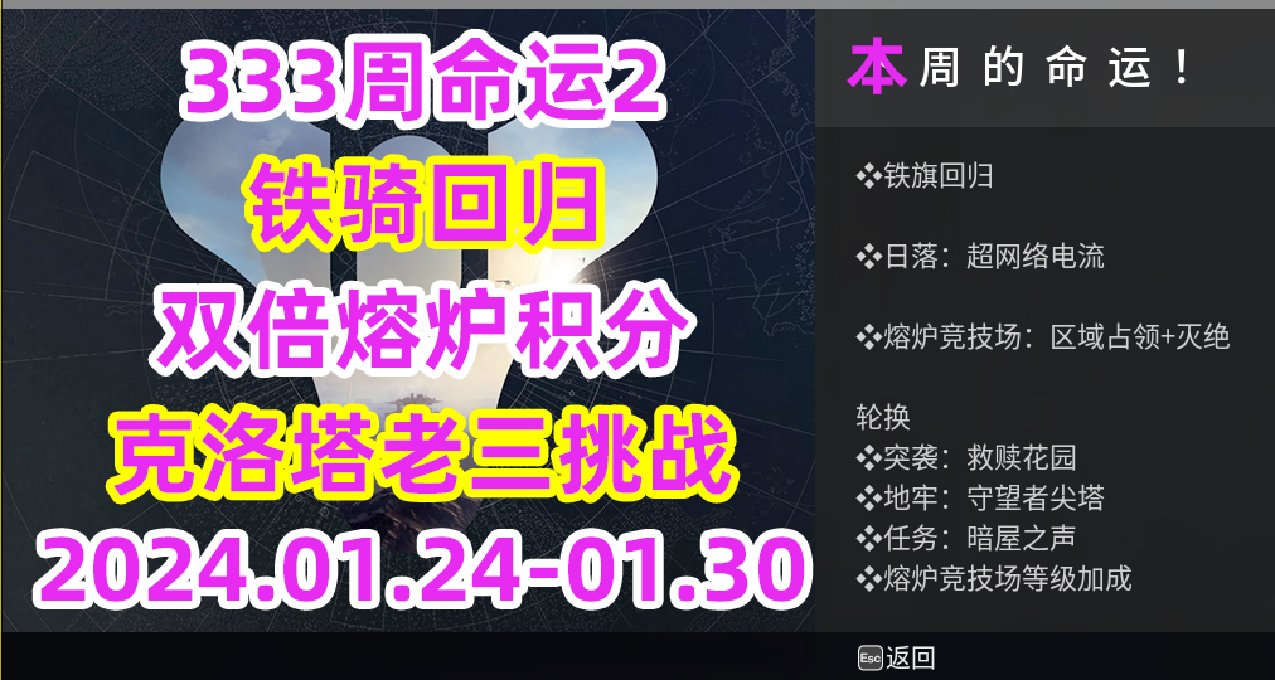 ​《命运2》维护公告2024.01.23，下周轮换内容