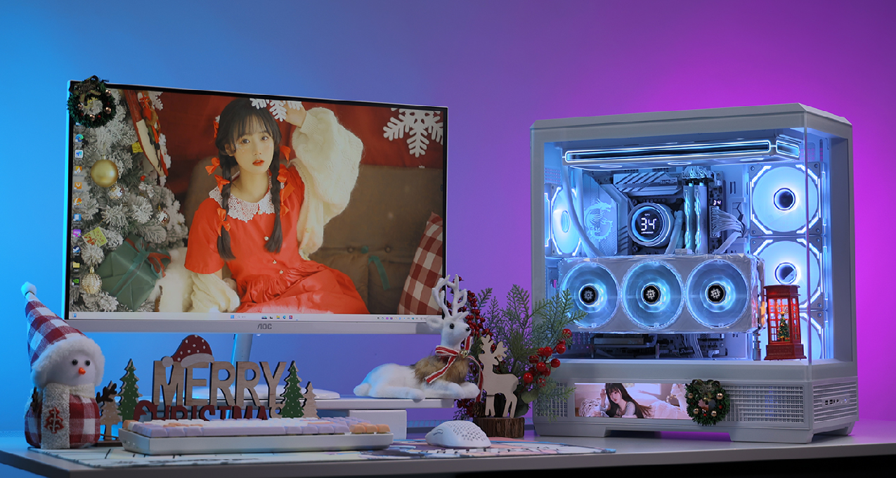 高顏值白色聖誕主機！Ultra7+4070TiS+48G D5+星璨大嵐屏顯機箱