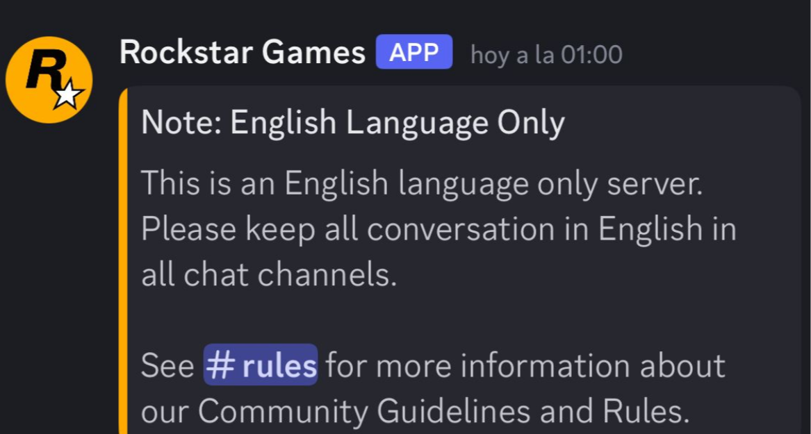 R星在Discord發佈通告：僅限說英語