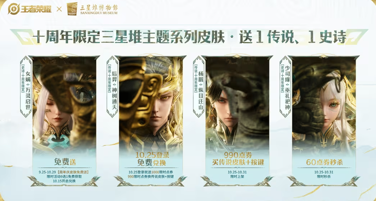 《王者榮耀》十週年三星堆皮膚官宣，可免費獲1傳說1史詩