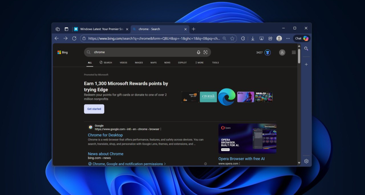 微軟在 Bing 搜索 Chrome 時 “ 賄賂 ” 用戶使用 Edge 瀏覽器