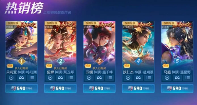 王者荣耀公布年限销量排行：朵莉亚第一、貂蝉第二，关羽垫底