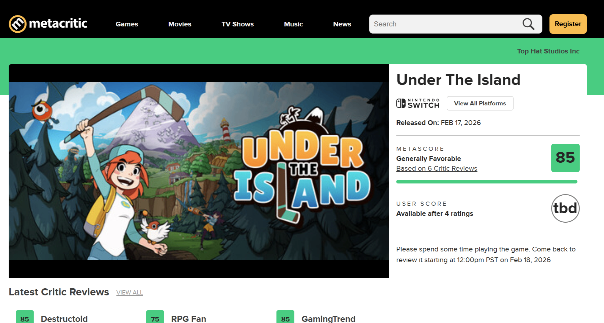 85！2D动作冒险《碧屿之下》首批媒体&评论家评分出炉！