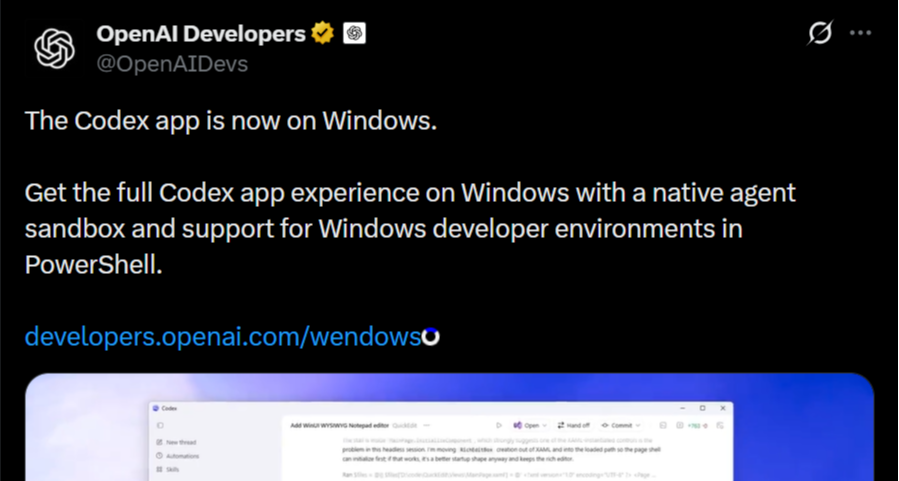 OpenAI Codex App 正式推出 Windows 版
