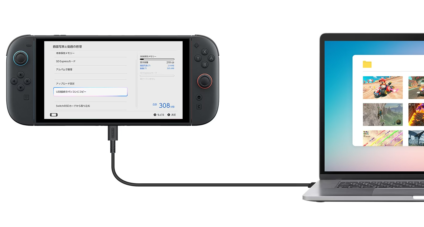 任天堂官方小貼士：用Type-C線將Switch2和電腦連接，可傳輸數據