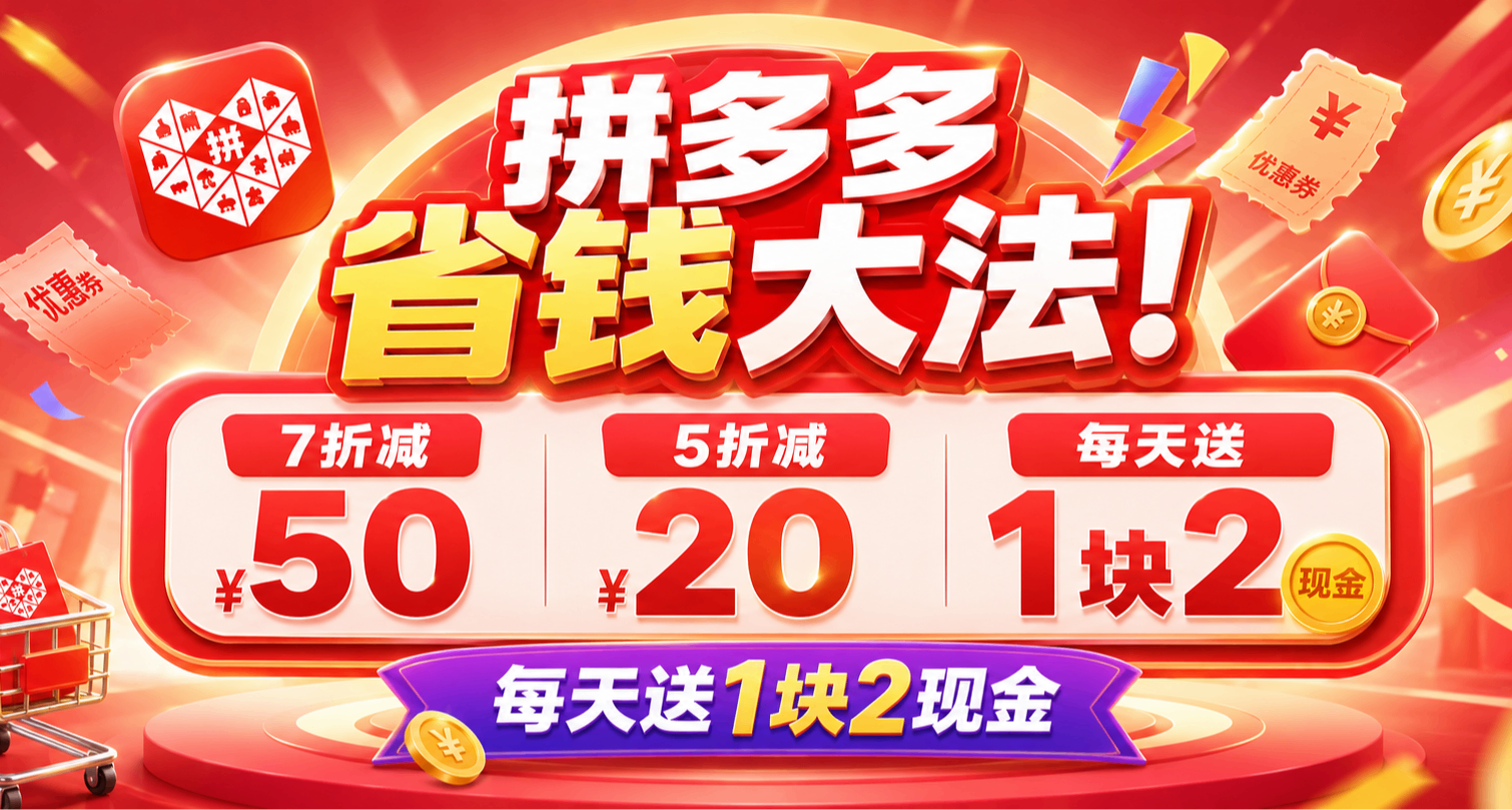 拼多多省錢大法！7折減50，5折減20，每天送1塊2現金