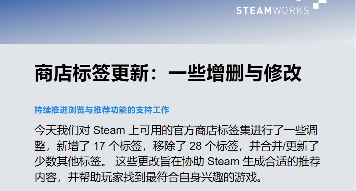 Steam更新了商店标签，删了28个，新增了17个。赶紧用起来！