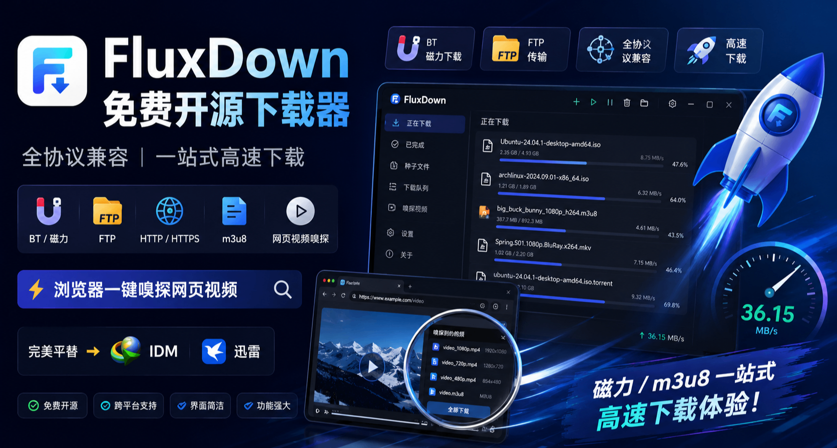 黑科技下載器！平替 IDM 迅雷，瀏覽器嗅探+全協議兼容+M3U8+磁力