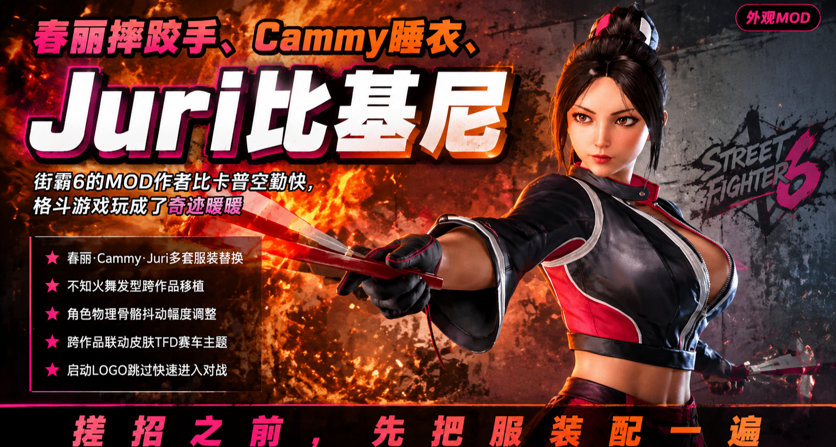 春麗摔跤手,Cammy睡衣,Juri比基尼《街霸6》的模組是真敢做啊