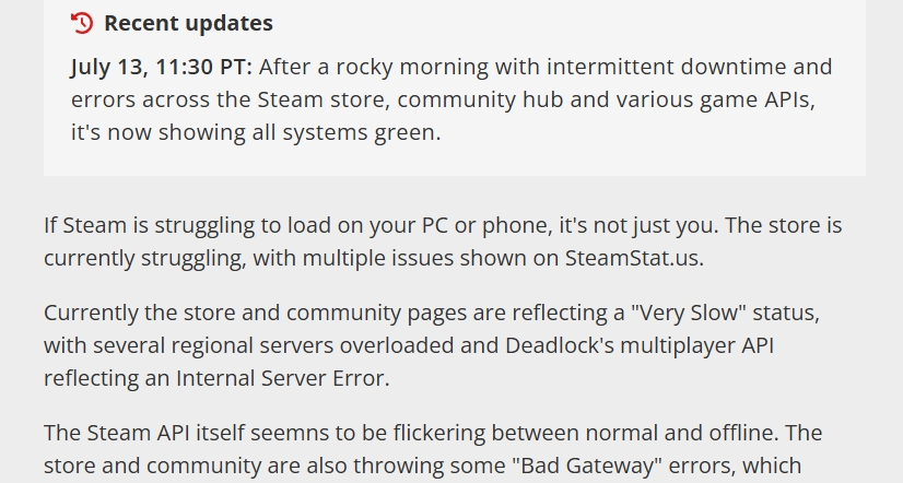 今天凌晨Steam經歷短暫全球大範圍宕機