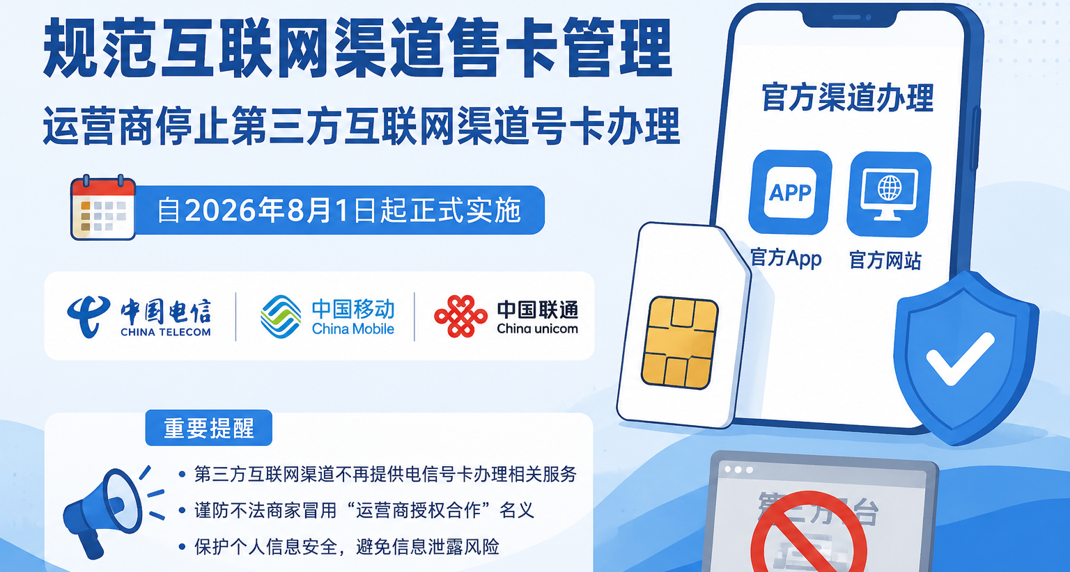 三大运营商明起停止第三方互联网渠道号卡办理