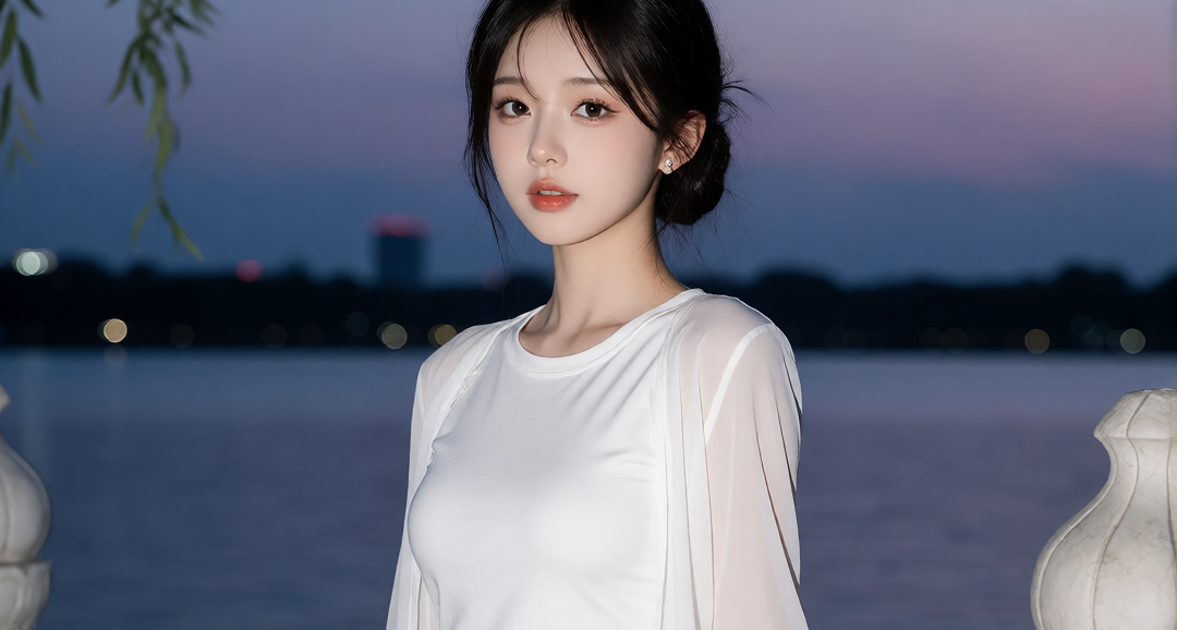 AI提示詞分享丨柔媚少女江邊夜拍