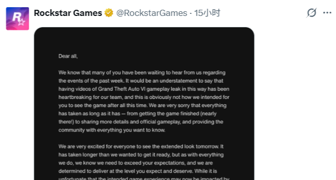 R星回应《GTA6》泄露：团队“心碎”，半天浏览量就快破亿了！